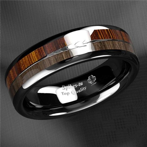 6mm Black Wood Arrow Men's Wedding Band Ring - Perfect for Weddings, Engagements - Picture 4 of 5